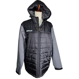 Caterpillar Puffer Jacket Hooded Black Gray Full Zip Workwear Men Size L
